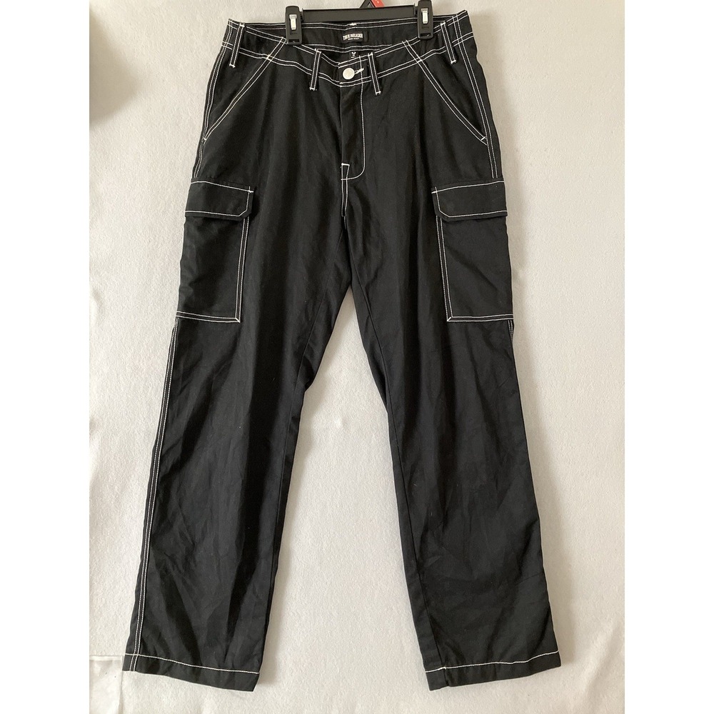 True Religion Brand Jeans Cargo Pants Jet Black Men Size 32 Baggy Y2K Streetwear